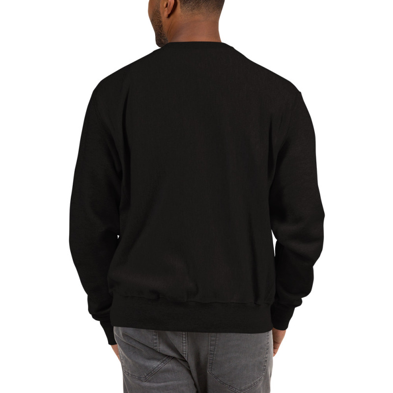 Rear view of a young man wearing a black champion sweatshirt.