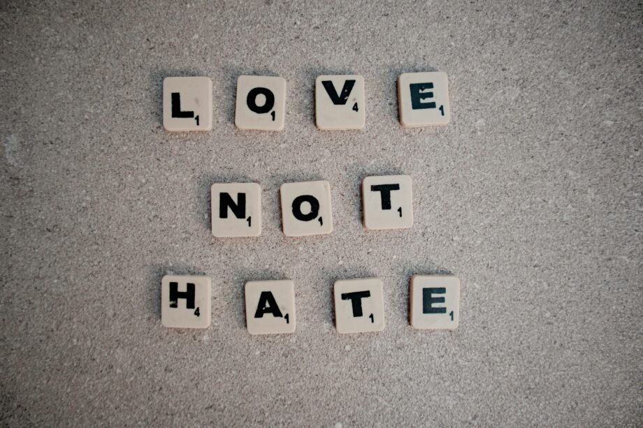 tiles that spell out "love not hate"
